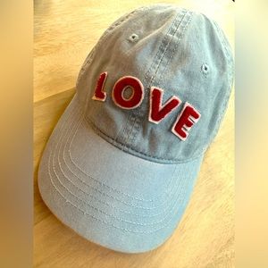LIGHT DENIM BASEBALL CAP W/ RED LETTERING - LOVE - ONE SIZE FITS ALL